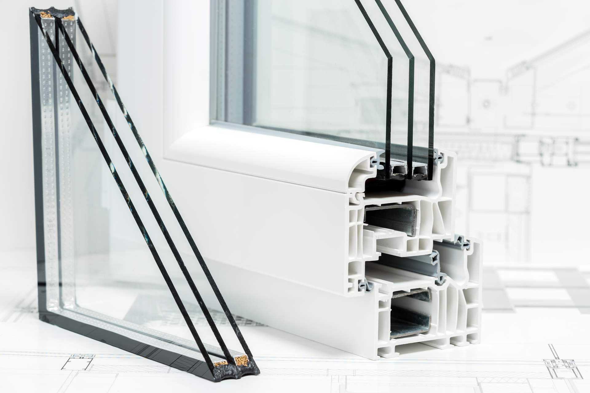 A Cross Section Of Window Design Of Pvc Profiles For Window, Triple Glazing Cross Selection, Technical Drawing On Background